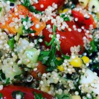 Quinoa Salad · Quinoa with all the colors! Red peppers, celery, parsley, zucchini, onions, feta cheese, che...