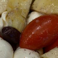 Antipasto Salad · Artichokes, kalamata olives, cherry tomatoes, mozzarella cheese, black pepper and salt. Full...