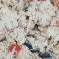 Italian Tuna Salad · Shredded white tuna with chopped red peppers a bit of celery and red onions, black pitted ol...