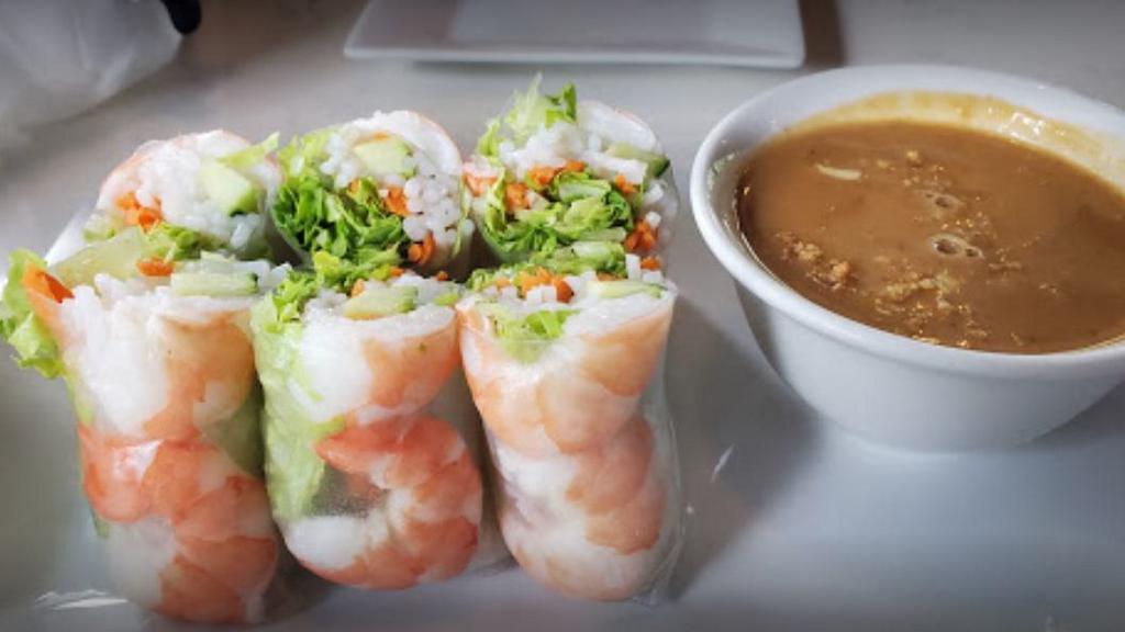 Fresh Spring Roll (3) · Gluten-Free. Soft rice paper wrap with shrimp, vermicelli noodle, mint and green leaf served with peanut sauce.