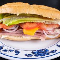 Wine Time · Hot sandwich

Ham and bacon with cheddar cheese, lettuce, tomato, onion, mustard and mayo on...