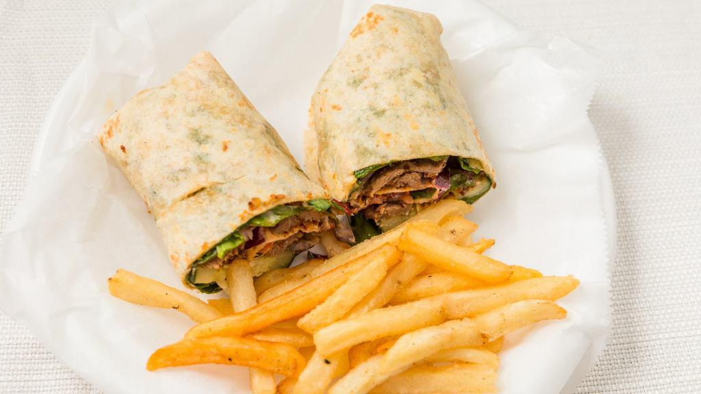 Suya Wrap · Comes with drink and side.