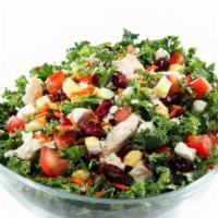 Kale Chop (All Kale) · Kale, roasted chicken, hard-boiled egg, feta cheese, dried cranberries, tomato, carrots, and...