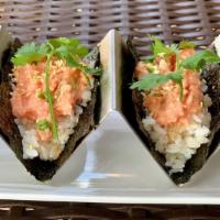 Spicy Tuna Tacos (2) · Spicy tuna, seaweed shell, scallions, house sauce, sesame seed, rice.