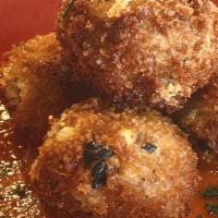 Shrimp Crab Fritter · Risotto fritters, shrimp, crab, roasted tomato coulis sauce.. Fritters: Crab, Shrimp, Parmes...
