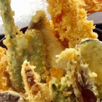 Shrimps & Vegetables Tempura Dinner Bento · Crispy tempura large shrimp and assorted mixed vegetables; served with steamed rice and spec...