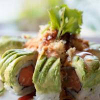 Tokyo Sun Roll · Delicious special maki roll filled with spicy sushi salmon, avocado and crunchy tempura; stu...