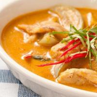 Spicy Penang · Chicken, shrimp or just veggie sauteed with spicy Malaysian red curry panang sauce with kraf...