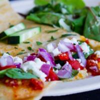 Mediterranean Medley · Vegetarian. fire-roasted red peppers | red onions | cucumber | spinach | feta | hummus | sun...