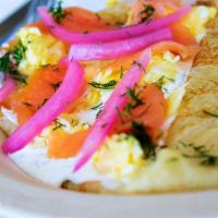 Norwegian · lox | scrambled eggs | lemon-dill cream cheese | pickled | red onions | capers | lemon | fre...