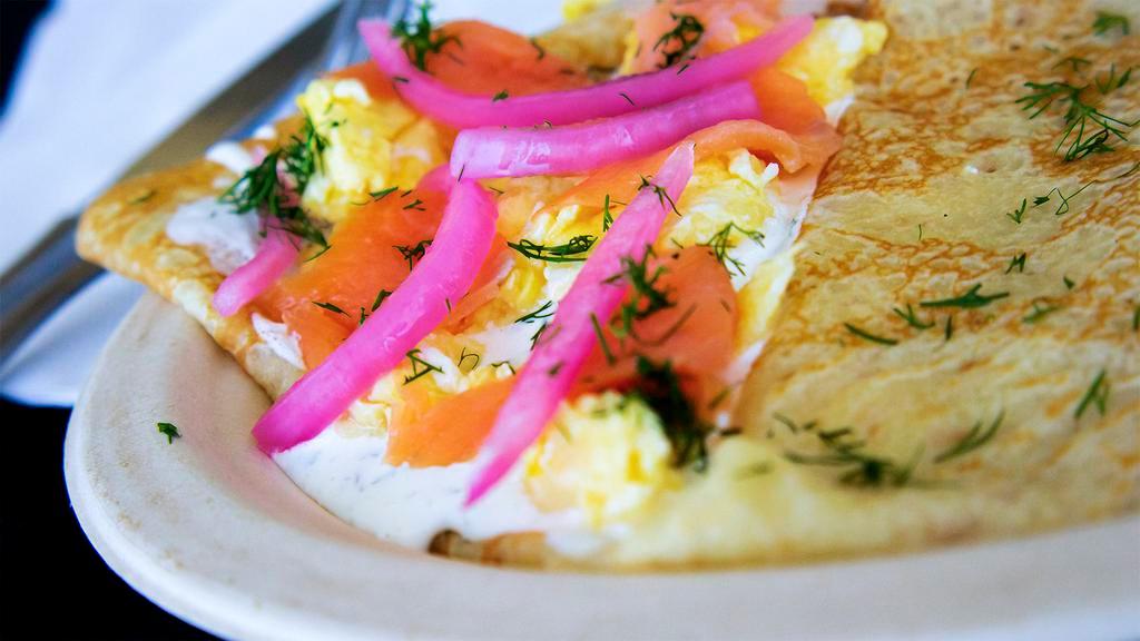 Norwegian · lox | scrambled eggs | lemon-dill cream cheese | pickled | red onions | capers | lemon | fresh dill.