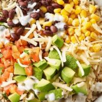 Tex Mex Bowl · Black beans, corn, avocado, greek yogurt ranch, brown rice, salsa fresca, aged cheddar