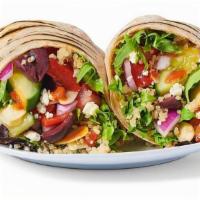 Medit Burrito · Cilantro, red onion, red pepper sauce, feta cheese, cucumber, almonds, roasted red peppers, ...
