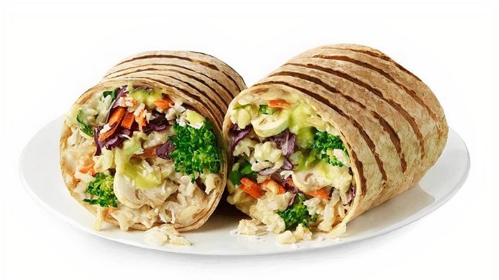 Bamboo Burrito · Cabbage, broccoli, green curry, brown rice, cilantro, coconut, carrots, mushrooms, whole wheat wrap