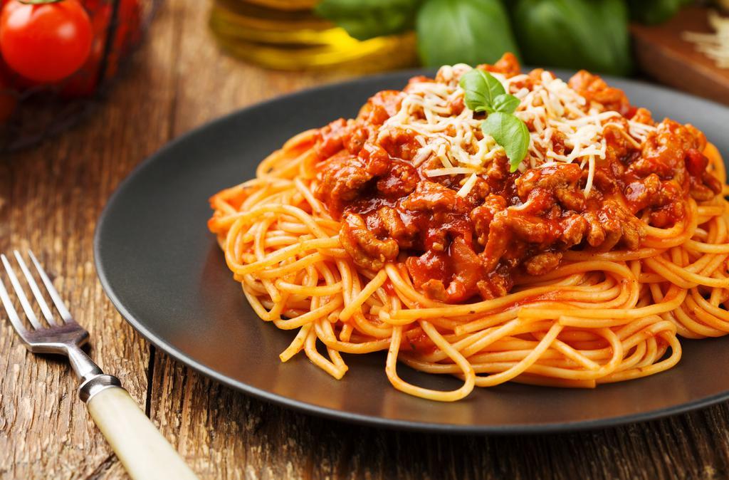Spaghetti Bolognese · Spaghetti in a homemade meat sauce.