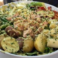 Nicoise Salad Lg · Organic spring mix, Romaine, Baby potatoes, Green beans, Palm hearts, Antipasto Olives, Pars...