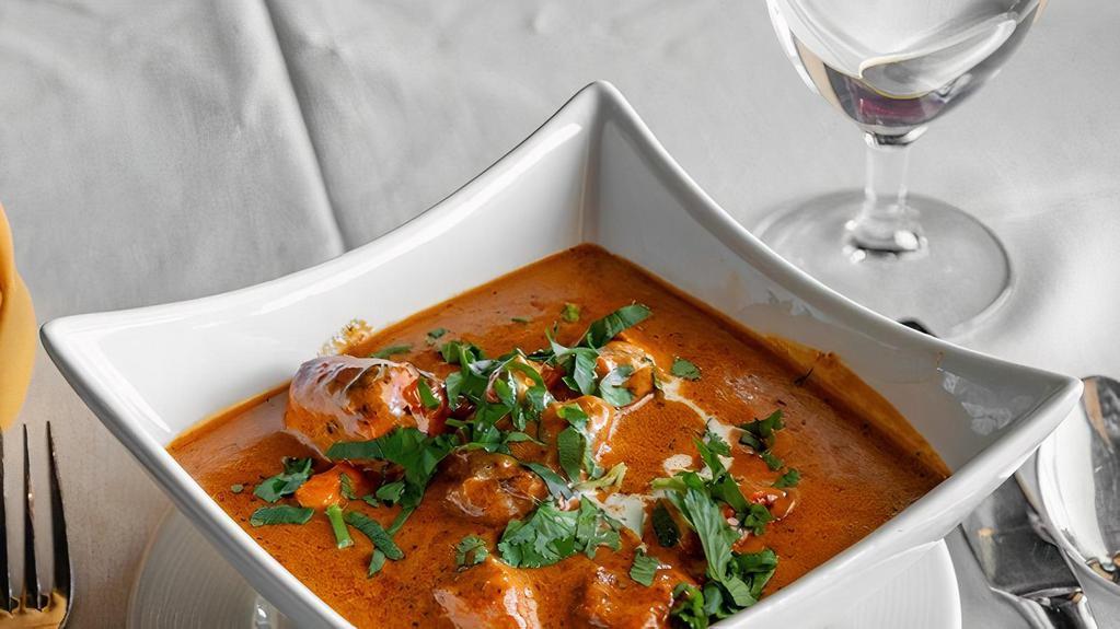 Chicken Tikka Masala · Has nuts. Marinated boneless pieces of chicken grilled and sauteed in a delicious creamy tomato sauce.