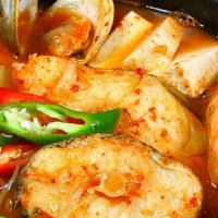 Daegu Maeuntang 대구 매운탕 · Cod fish with radish, pepper, tofu & vegetables.