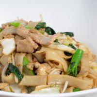 Pad See Ew · Wide rice noodle stir-fried with broccoli and egg, choice of pork, beef, or chicken.