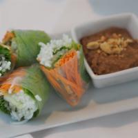 Garden Roll Jae · Fresh rice paper filled with vermicelli noodles, tohu, lettuce leaf munt cucumber, carrots, ...