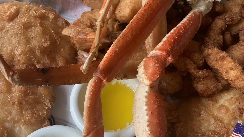 Captain’S Plate · Golden-Fried Prawns, Halibut, Scallops, Fish, Clam Strips and Steamed Crab Legs.