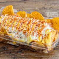 Tostiesquites · Tostitos topped with corn, mayo, Cotija cheese, butter, chile powder.