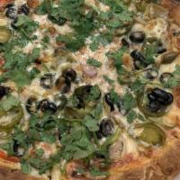 Vegetarian Pizza · Mushrooms, mix bell pepper, black olive, red onion, artichoke, spinach and garlic and cilant...