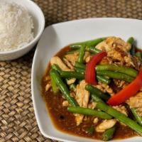 Pad Prik Khing · Medium hot. Choice of protein stir-fried with string beans, kaffir lime leaves in our homema...