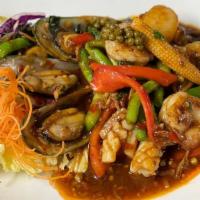 Pad Pah Talay · Medium hot. Wild and hot… exotic Northern Thai style spices sauteed with fresh seafood combi...