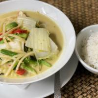 Green Curry Vegetables · Medium hot. Thai eggplant, fresh basil leaves and mixed vegetables cooked in a traditional g...