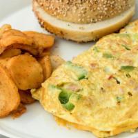 Italian Omelet · Served w/ home fries & bagel w/ butter . Diced sausage, onions, green peppers & mozzarella