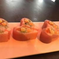 Sp17. Sweet Heart Roll · Soy paper, spicy tuna, cucumber, and avocado top with tuna, spicy mayonnaise, and wasabi sau...