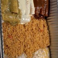 Enchiladas Mexicanas · One of each: beef, chicken and cheese enchilada, covered with green sauce and cheese sauce. ...