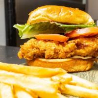 Crispy Chicken Sandwich · Southern-fried boneless chicken breast with chipotle mayo, lettuce, tomato, and pickles.