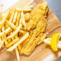 Southern Fried Catfish Fillets With Fries · 1 catfish fillet fried to crisp golden brown with fries and 2 southern style hush puppies.