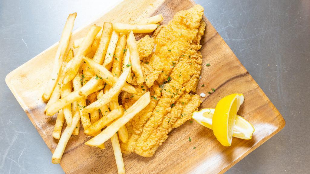 Southern Fried Catfish Fillets With Fries · 1 catfish fillet fried to crisp golden brown with fries and 2 southern style hush puppies.