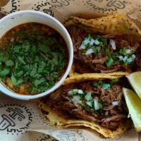 Birria · two (2) beef tacos served with it's own seasoned broth