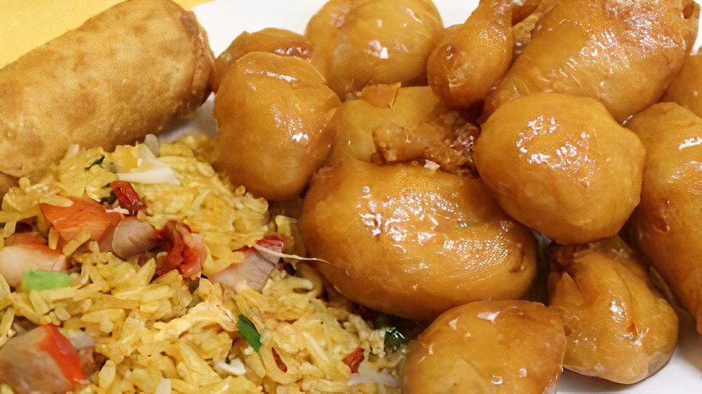Sweet & Sour Chicken · with pork fried rice   and pork egg roll
