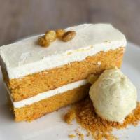 Carrot Cake · Cream cheese frosting, golden raisins, pistachio gelato