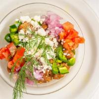 Foulle · Ethiopian style Fava beans mixed with feta
cheese, tomatoes, red onions, and Jalapeños
serve...