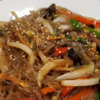 Jap Chae Lunch · Gluten-free, vegetarian. Stir fried glass vermicelli noodles with vegetables, mushrooms and ...