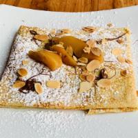 Caramelized Pears Crepe With Nutella & Almonds · Sweet caramelized Barlett Pears meet Nutella and Almonds.