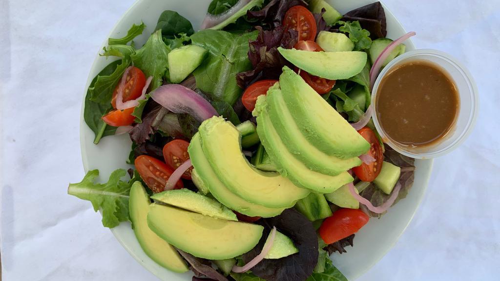 Spring Mix Salad With Tomato & Avocado · With onions and a balsamic raspberry dressing. Add chicken, steak or a porcini mushroom cutlet for an additional charge.
