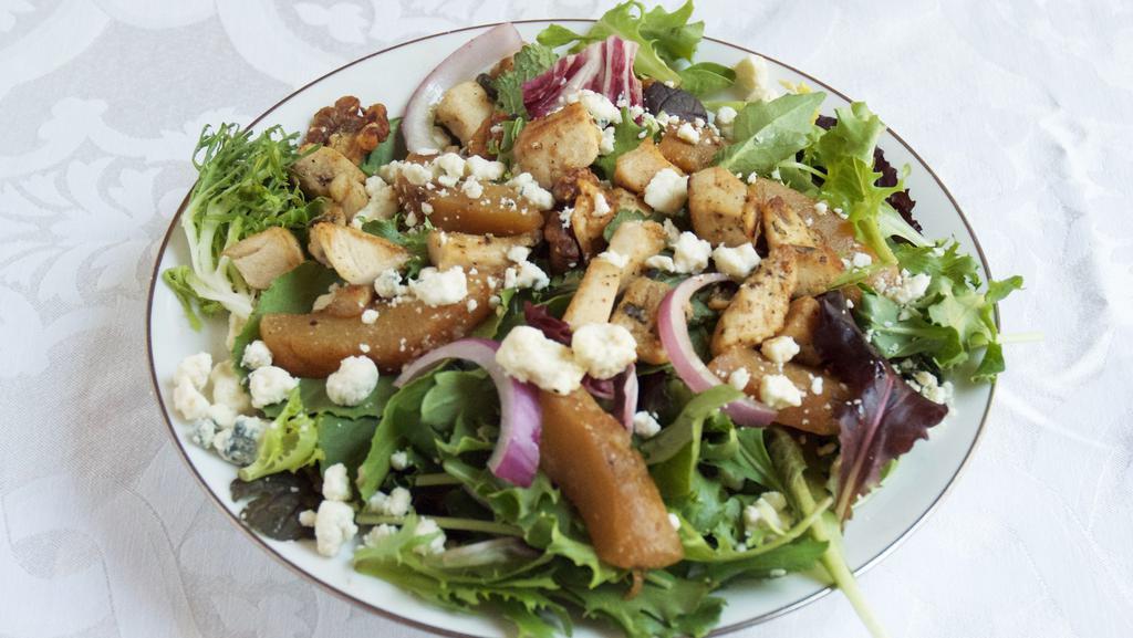 Spring Mix Salad With Roasted Pears · With gorgonzola, red onions, candied chipotle walnuts and a raspberry balsamic vinaigrette. Add chicken, steak or a porcini mushroom cutlet for an additional charge.