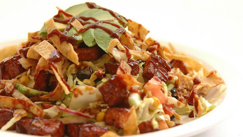 Chopped Cabbage Salad · BBQ chicken or BBQ veggie salami, jicama, black beans, yellow corn, avocados, tomatoes, onions and fried tortilla chips tossed with parmesan-peppercorn ranch dressing.