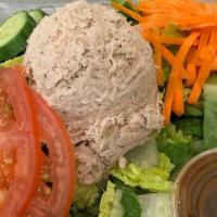 Spa Tuna Salad · Chunk albacore tuna with lettuce, tomatoes, carrots and cucumber lossed with low-fat balsami...