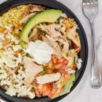 Burrito Bowl - Chicken (Pollo) · Rice, black beans, lettuce, sour cream, cheese, and avocado.