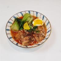 Spicy Garlic Ramen · Choice of Pork or Chicken. Thin noodles served with soft boiled egg, green onion, bok choy, ...