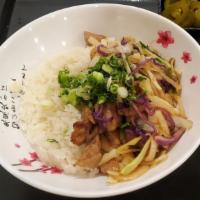 Teriyaki Donburi · onion , green onion , cabbage , carrot