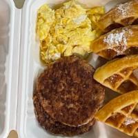 Belgian Waffle Platter · 1 Belgian Waffle, 2 eggs any style, and 1 choice of meat (syrup included)